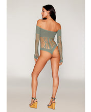 Long Sleeve Opaque and Fishnet Seamless Teddy w/Removable Halter Chain - Sage Green O/S