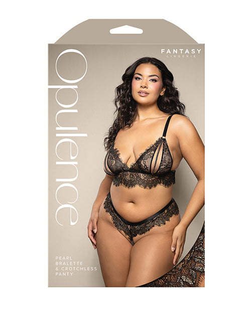 Opulence Metallic Eyelash Lace Bralette w/Pearl String Crotch Panty - Black QN