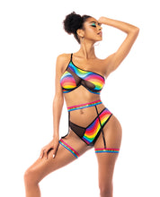 Pride One Shoulder Top, Garter Belt & Panty Black Prints S/M