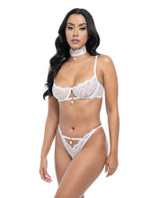 Pearla Lace Underwire Bra & Open Back Panty w/Matching Collar 3 pc Set - White L/XL