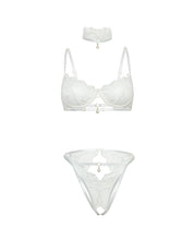 Pearla Lace Underwire Bra & Open Back Panty w/Matching Collar 3 pc Set - White S/M