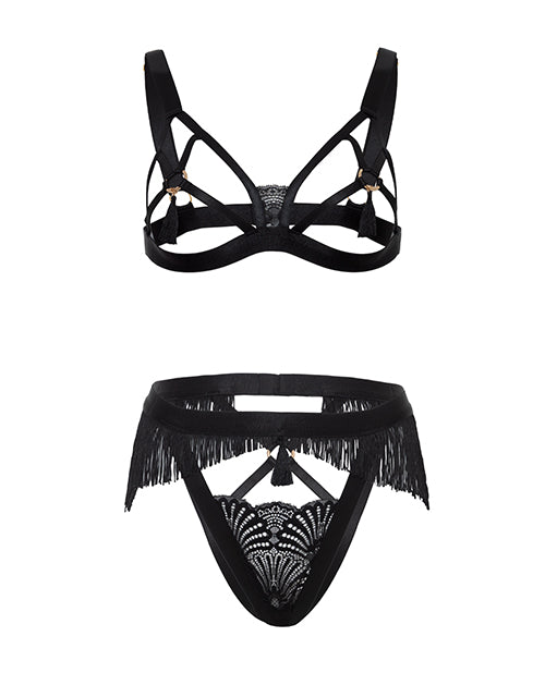 Annika Open Cup 2 pc Set w/Fringe and Tassel Detail - Black L/XL