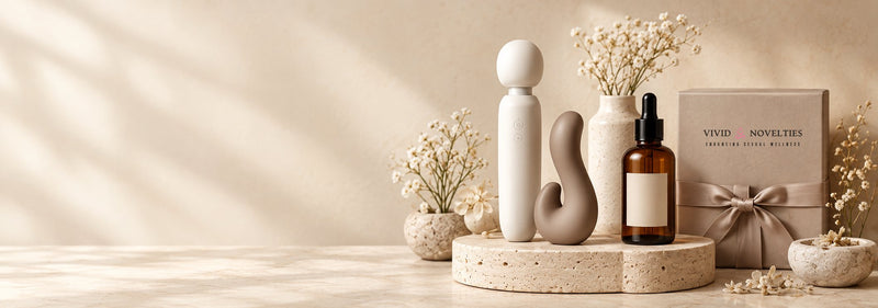 Minimalist white wand massager, sculptural taupe massager and amber oil bottle on a travertine pedestal beside a Vivid Novelties gift box and dried flowers