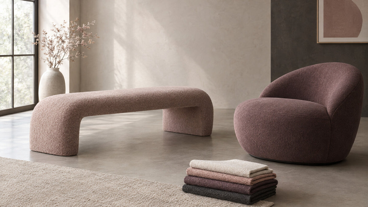 Upholstered bench and lounge-chair silhouettes with fabric swatches in soft mauve and cream light