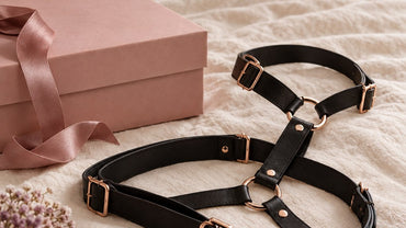 An elegant black leather harness strap with rose-gold buckles coiled on a cream bedspread beside a closed blush gift box