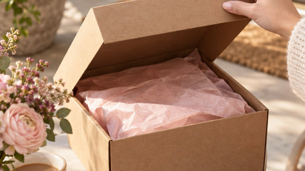 A plain unmarked kraft shipping box being opened on a doorstep table revealing blush tissue paper
