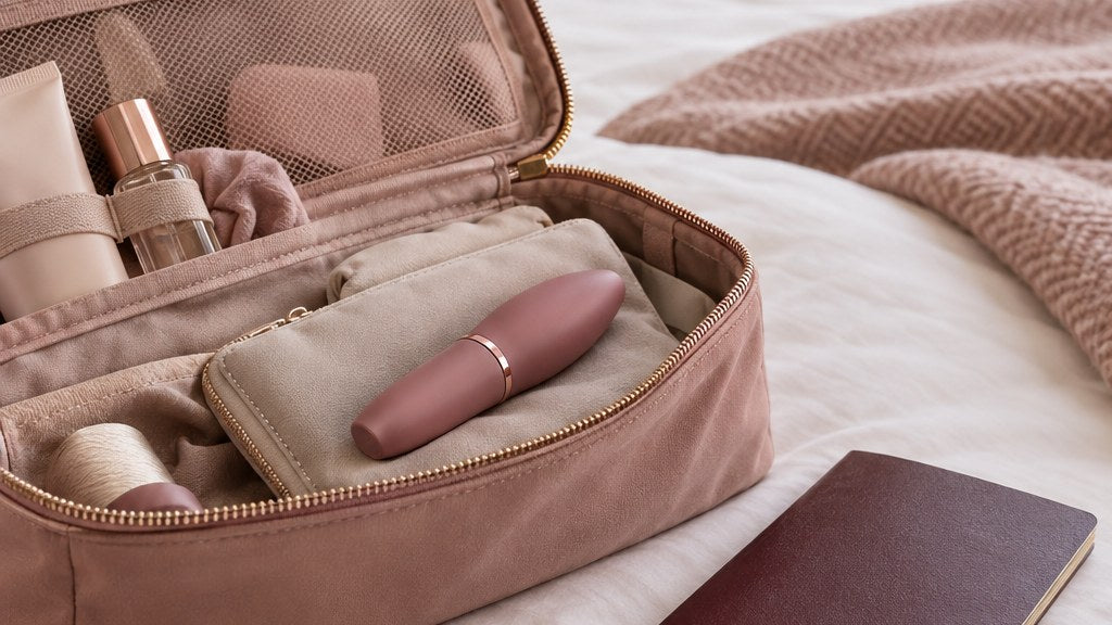 An open travel toiletry bag with a small smooth lipstick-shaped device