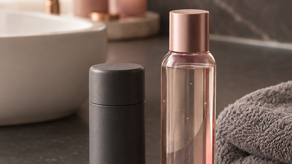 An unbranded matte charcoal cylindrical travel case and a bottle of water-based lubricant on a dark slate bathroom counter...