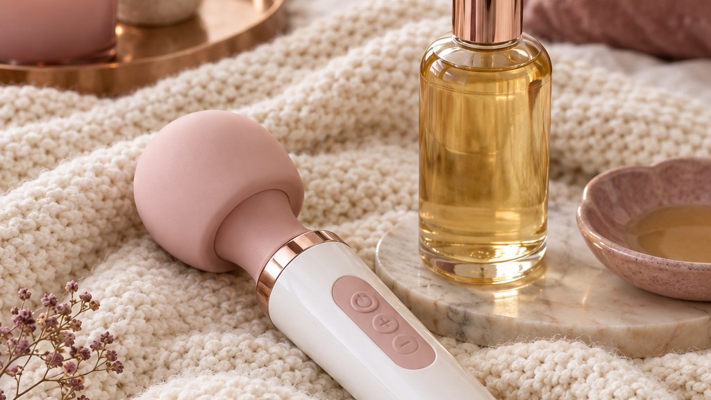A sleek cordless massage wand with a soft rounded head in blush and white resting on a cream knit throw beside a massage o...