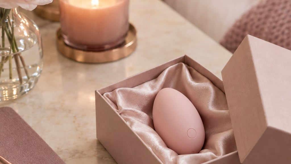 A small smooth egg-shaped blush silicone wellness device nestled in an open satin-lined box on a nightstand with a noteboo...