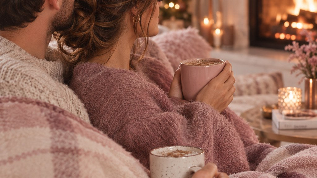 A couple wrapped in a cozy blanket by a fireplace holding mugs
