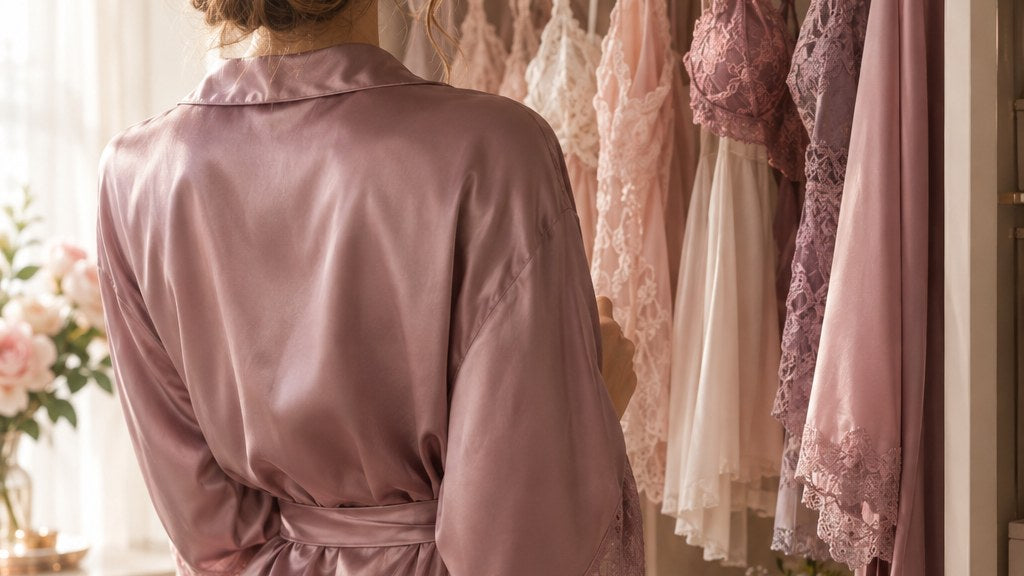 A woman's back in a mauve satin robe standing in front of an open wardrobe with soft lingerie on padded hangers