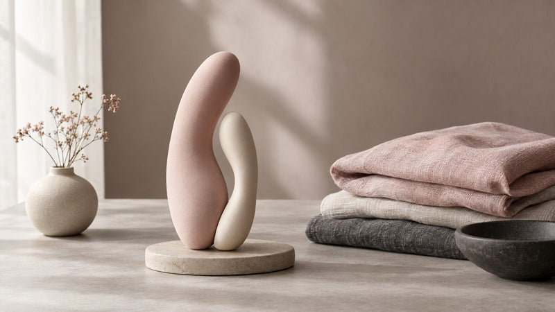 Abstract blush and cream sculptural forms beside folded mauve linen, styled for a rabbit vibrator buying guide.