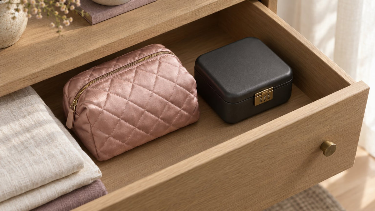 A blush quilted satin zip pouch and a small charcoal lockable case resting in an open oak dresser drawer beside folded linen