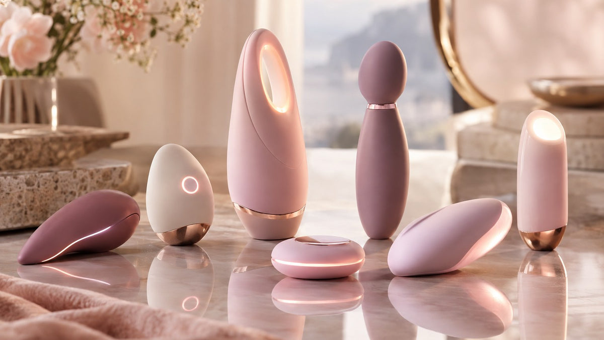 An array of futuristic smooth abstract pastel wellness gadgets with soft glowing light on a reflective surface