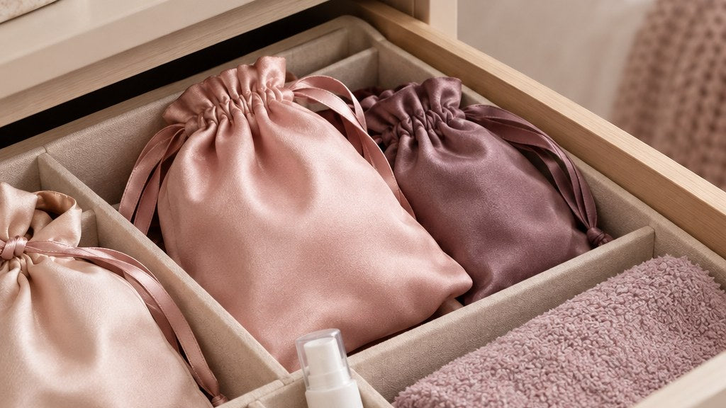A neat drawer organizer with soft satin pouches in blush and mauve