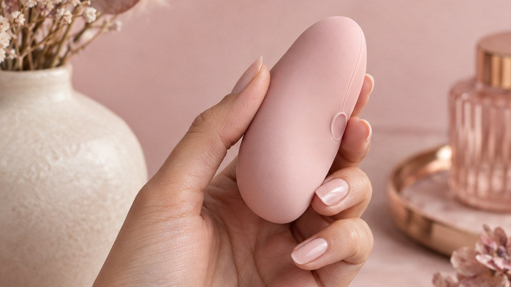 A hand holding a small smooth blush pebble-shaped wellness device against a soft pink background with dried flowers