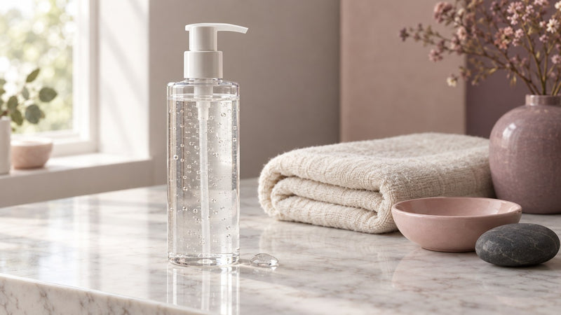 A clear label-free pump bottle of gel on a marble vanity beside a folded cream towel, a blush ceramic dish and a smooth dark stone