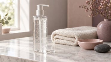 A clear label-free pump bottle of gel on a marble vanity beside a folded cream towel, a blush ceramic dish and a smooth dark stone