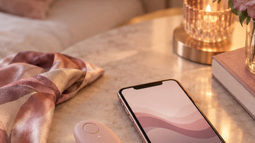 A small smooth rounded blush remote control fob and a smartphone showing a simple abstract wave interface on a bedside tab...