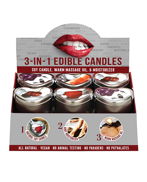 Earthy Body Edible Candle Display of 12 w/Tester - 4 Flavor Heart Tin