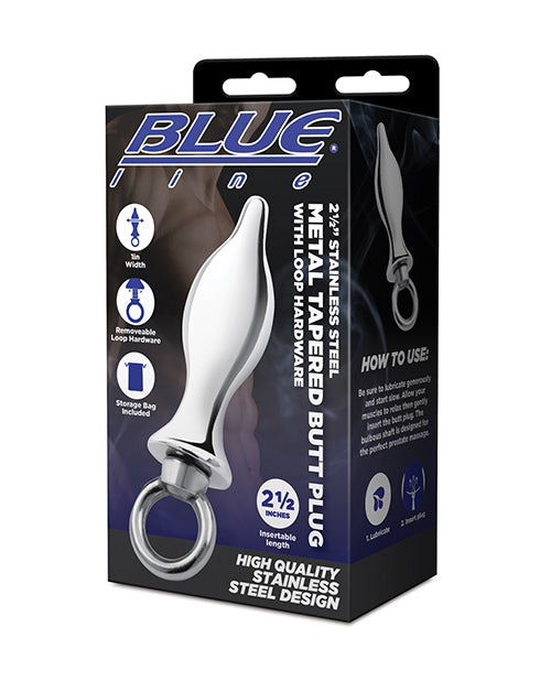 Blue Line 2.5' Stainless Steel Metal Tapered Butt Plug With Loop Hardware
