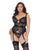 Metallic Stretch Lace Garter Belt Bustier w/Lace Up Closure & Thong Black/Rose Gold 1X/2X