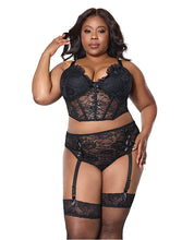 Lace Bustier w/Padded Cups & Gartered Thong Panty 2 pc Set - Black SM