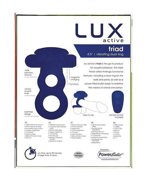 Lux Active Triad 4.5' Vibrating Dual Ring w/Remote - Dark Blue