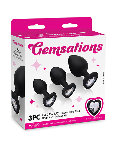 Gemsations 3 pc 2.75' & 3.15' & 3.7' Silicone Bling Bling Heart Butt Plug Training Set - Black