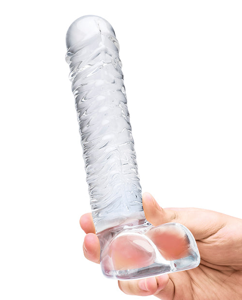 Glas 8' Realistic Ribbed Glass G-Spot Dildo w/Balls - Clear