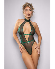 Emerald Shimmer Mesh Halter Teddy w/Open Back - Green M/L