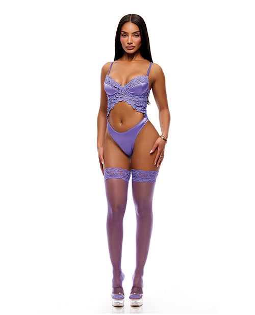 See It Through Guipure Teddy Set w/Stockings - Purple SM