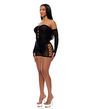 Cross Your Mind Romper Bodystocking w/Rhinestone Details & Gloves 2 pc Set - Black O/S