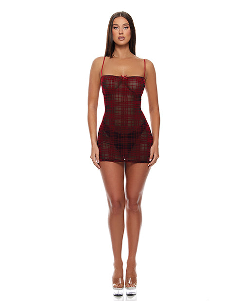 Velvet Lines Mesh Chemise & Thong 2 pc Set - Red/Black MD