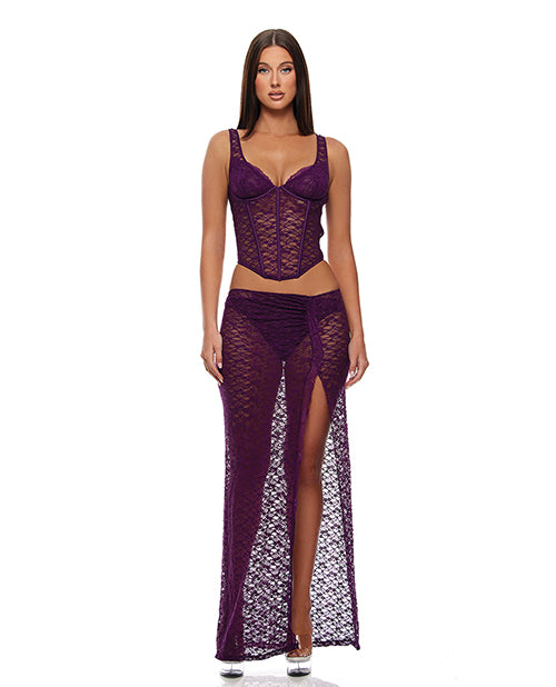 Feel Me Lace Bustier, Panty, & Skirt 3 pc set - Purple LG