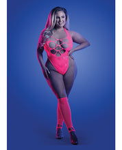 Glow Flashback Black Light Reactive Rhinestone Teddy w/Gloves (or Leg Warmers) - Neon Pink O/S