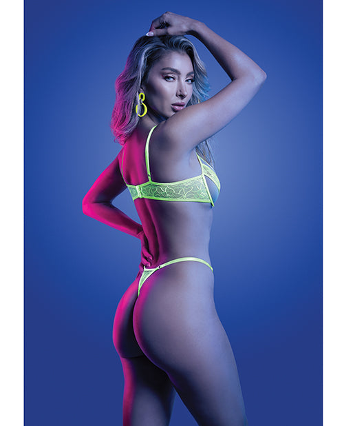 Mind Control UV Reactive Lace and Mesh Underwire Bra & Thong - Neon Green S/M