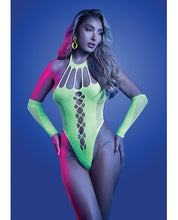 Pressure Point UV Reactive Rhinestone Studded Teddy & Gloves/Leg Warmers 2 pc Set - Neon Green O/S