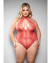 Temptress Calliope Striped Sheer Floral Lace Zippered Teddy - Coral S/M