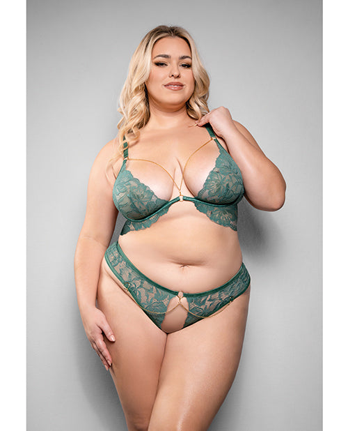 Temptress Aerin Lace Bra w/Removable Chain & Panty 2 pc Set - Green 1X/2X