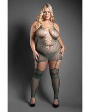 Sheer Wild Heart Reptile Print Bodystocking Dress w/Attached Stockings - Green QN