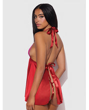 Jocelyn Lace & Satin Halter Mini Babydoll Dress w/Thong - Raspberry 1X/2X