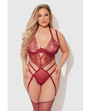 Eden Embroidered Lace & Mesh Teddy w/Garters - Dark Red SM