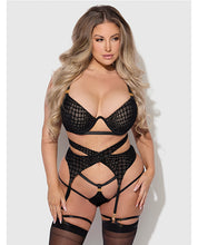 Snake Velvet-Burnout Mesh Bra, Garter, & Backless Hipster Set - Black SM