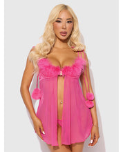 Marilyn Marabou & Mesh Babydoll & G-String Set - Pink SM