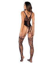 Floral Cincher Fishnet Body Stocking (Thong not Included) - Black O/S