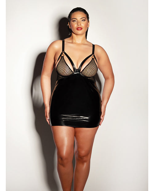 FETISH Excitement Fishnet & Vinyl Fitted Babydoll w/D-Ring & Metal Clasp Black 1X