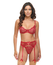 Mariah Embroidered Lace and Mesh Underwire Bra w/Garter & G-String 3 pc Set - Burgundy SM