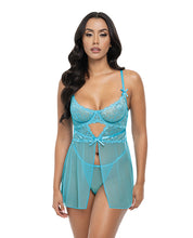 Emma Floral Lace & Mesh Underwire Babydoll w/G-String 2 pc Set - Beach Blue MD